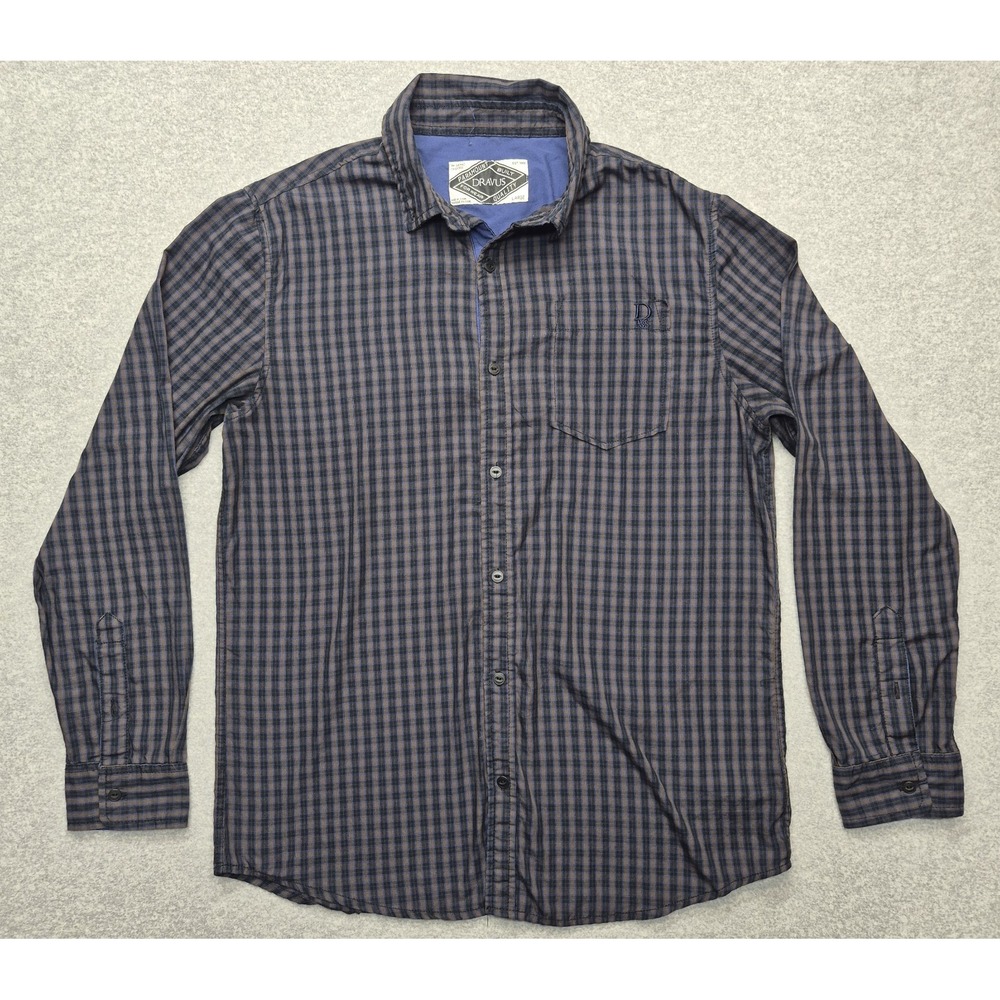 Dravus Shirt Mens L Long Sleeve Plaid Button Down Blue Gray Skate Outdoor